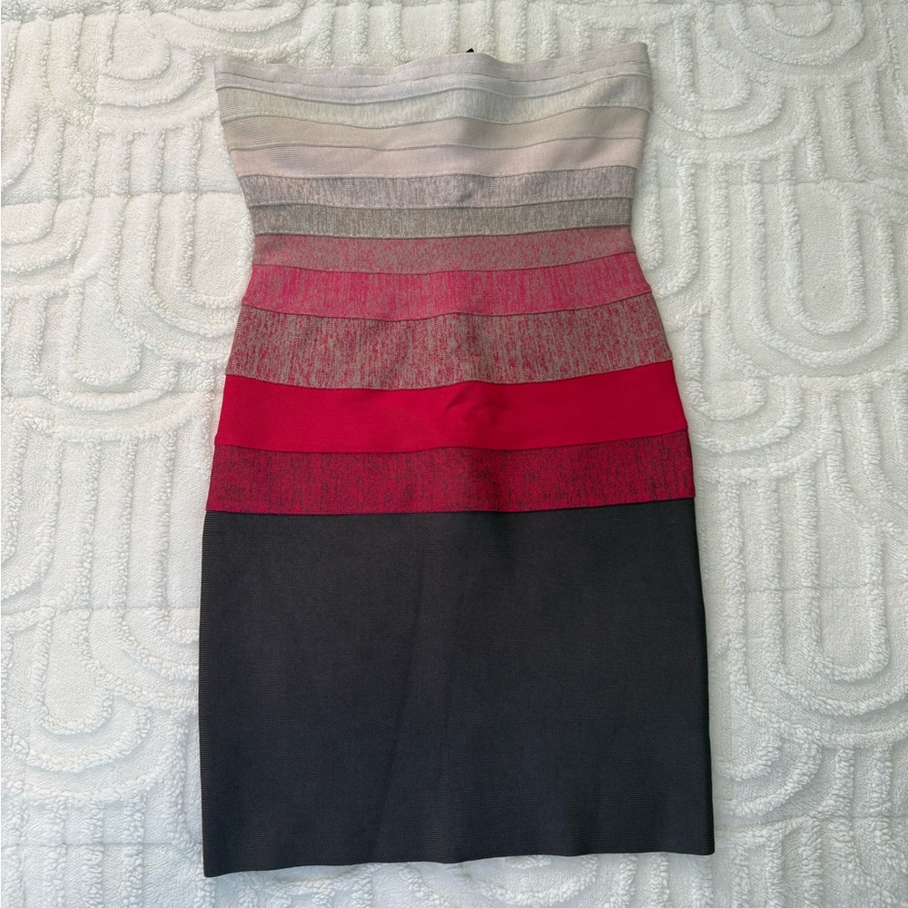 Guess by Marciano Strapless Bandage Pencil Dress in Pink, Cream, and Brown